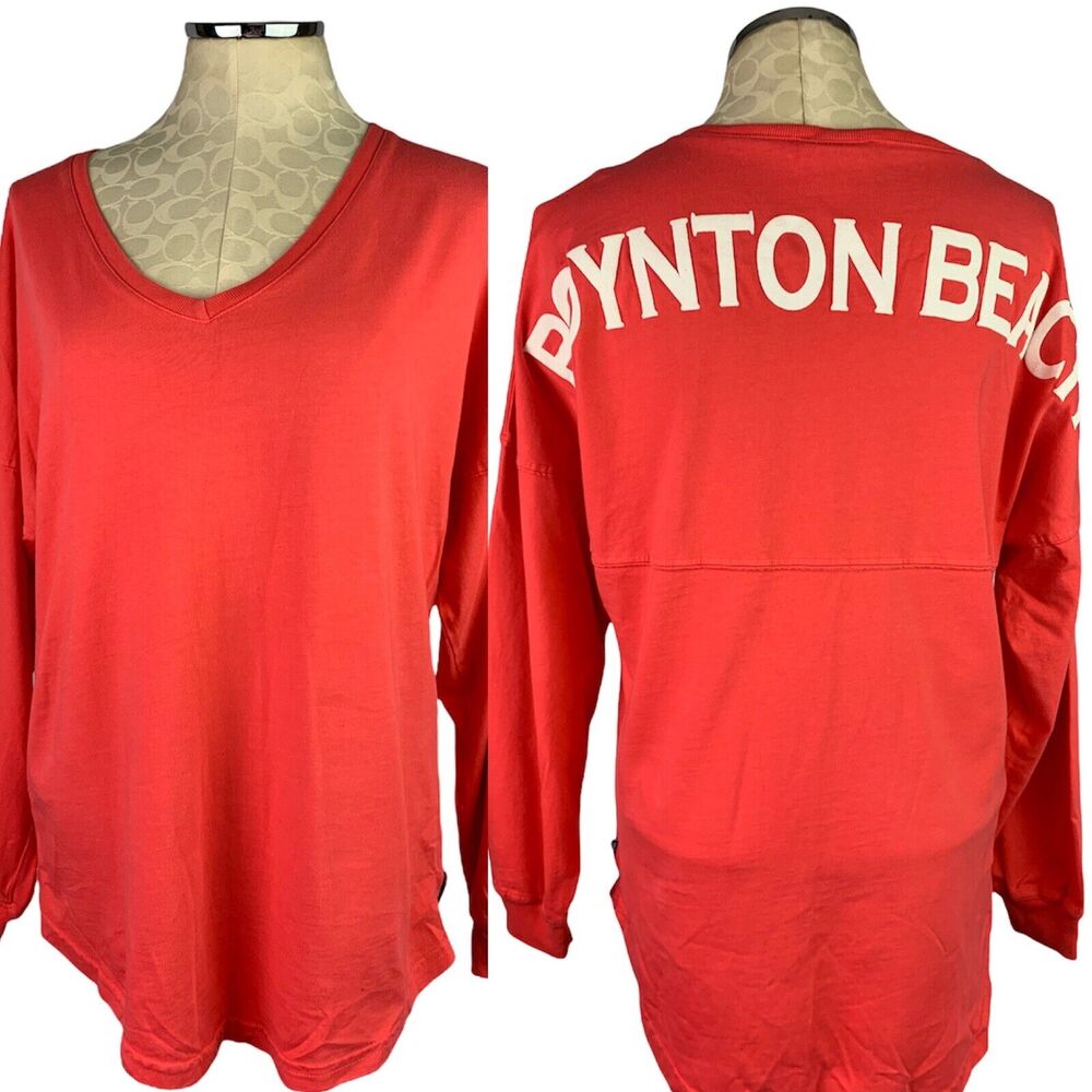 Small Boynton Beach Womens Coral Oversize Long Sleeve V-Neck Tshirt